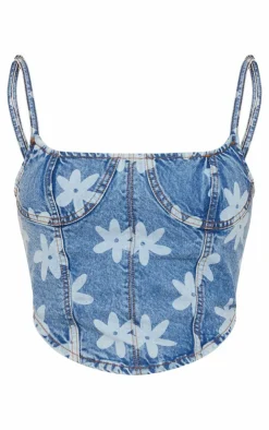 PrettyLittleThing Corsets*Floral Print Denim Corset Top