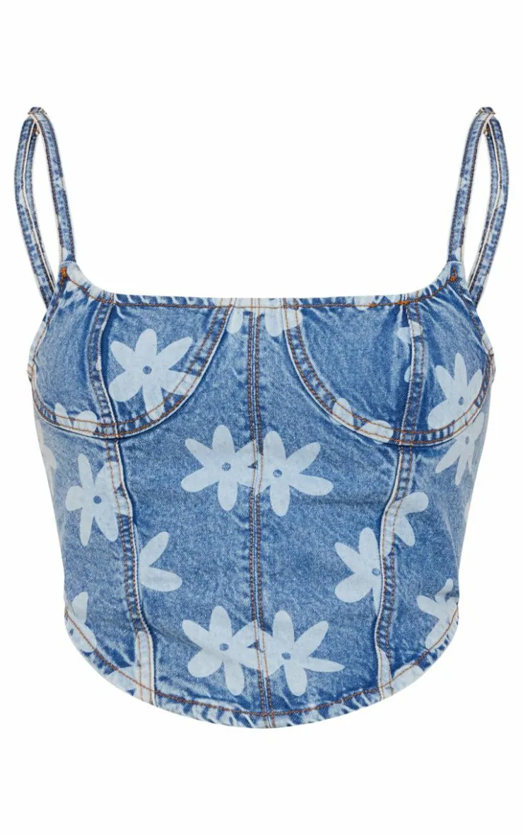 PrettyLittleThing Corsets*Floral Print Denim Corset Top