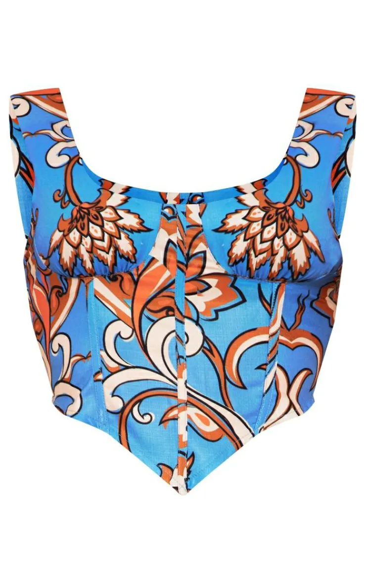 Clearance PrettyLittleThing Floral Print Linen Look Corset Blue