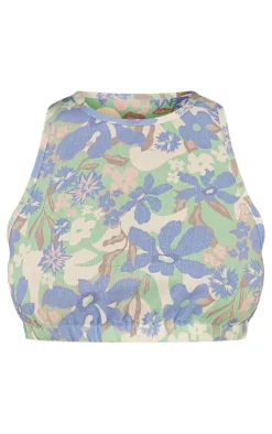 Hot PrettyLittleThing Floral Print Linen Look Sleeveless Crop Top Blue