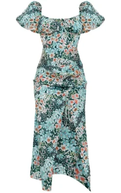 Floral Print Satin Puff Sleeve Corset Ruched Midaxi Dress-PrettyLittleThing Best