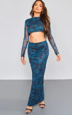 Discount PrettyLittleThing Floral Printed Mesh Low Rise Maxi Skirt Blue