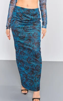 Discount PrettyLittleThing Floral Printed Mesh Low Rise Maxi Skirt Blue