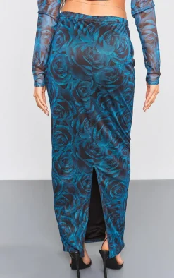 Discount PrettyLittleThing Floral Printed Mesh Low Rise Maxi Skirt Blue