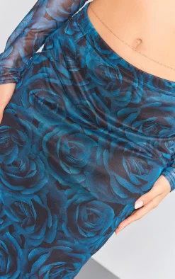 Discount PrettyLittleThing Floral Printed Mesh Low Rise Maxi Skirt Blue