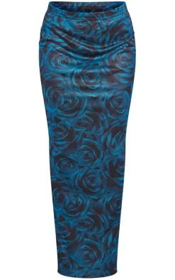Discount PrettyLittleThing Floral Printed Mesh Low Rise Maxi Skirt Blue