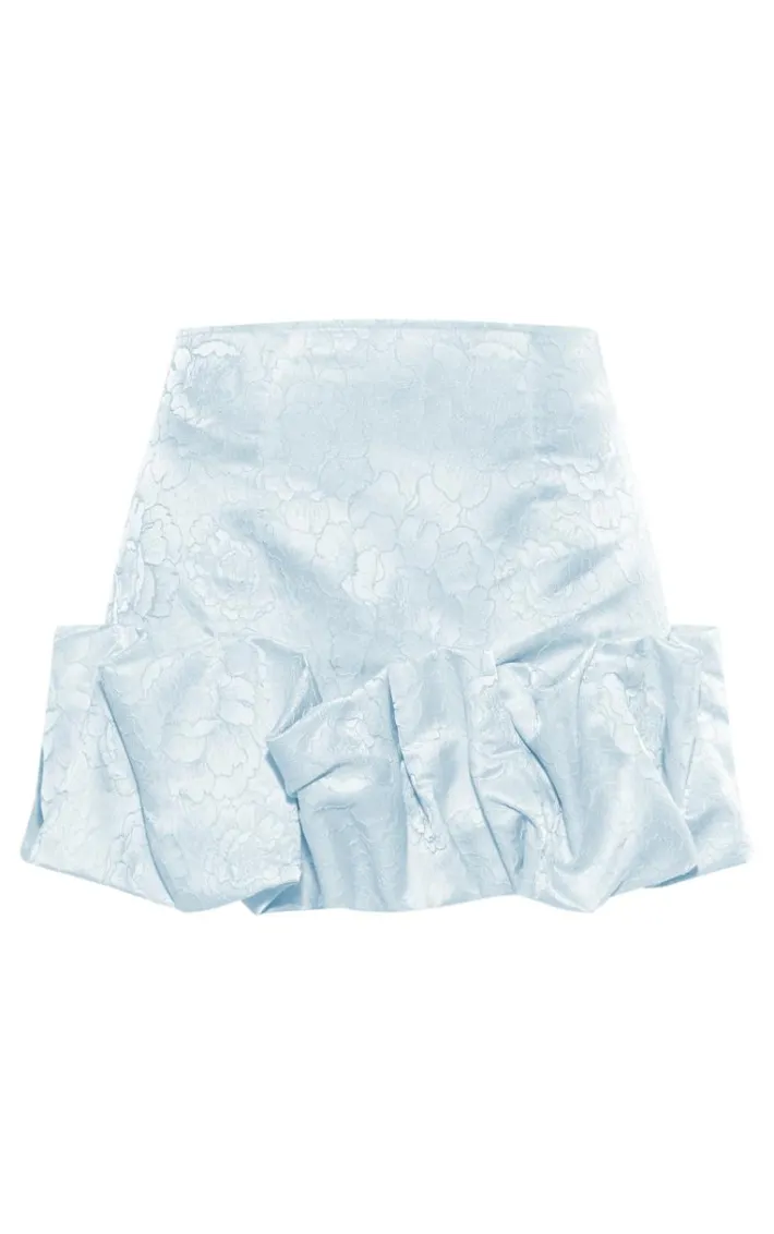 Blue Floral Satin Puffball Hem Mini Skirt