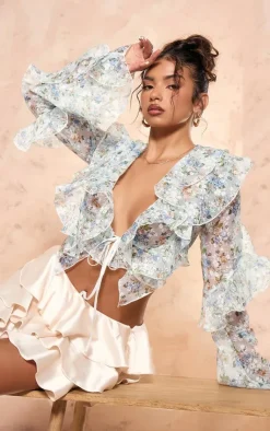 PrettyLittleThing Blouses*Floral Sheer Woven Ruffle Tie Crop Blouse
