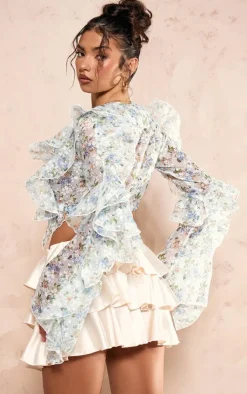 PrettyLittleThing Blouses*Floral Sheer Woven Ruffle Tie Crop Blouse