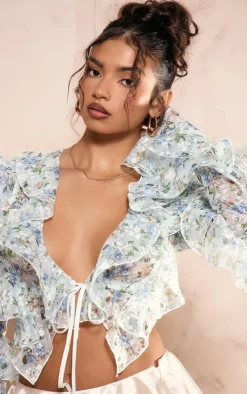 PrettyLittleThing Blouses*Floral Sheer Woven Ruffle Tie Crop Blouse