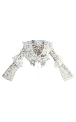 PrettyLittleThing Blouses*Floral Sheer Woven Ruffle Tie Crop Blouse