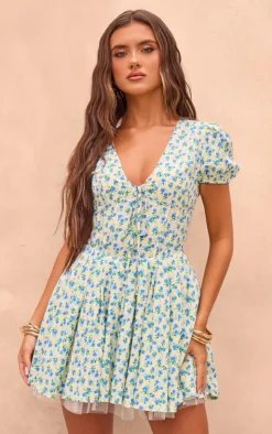 Floral Short Sleeve Tie Pleated Shift Dress-PrettyLittleThing Outlet
