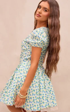 Floral Short Sleeve Tie Pleated Shift Dress-PrettyLittleThing Outlet