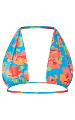 Blue Floral Tie Front Plunge Bikini Top