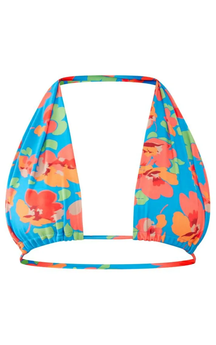Blue Floral Tie Front Plunge Bikini Top