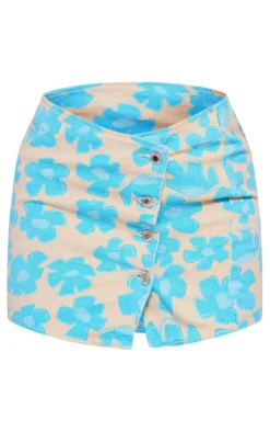 Sale PrettyLittleThing Flower Printed Button Detail Denim Mini Skirt Blue