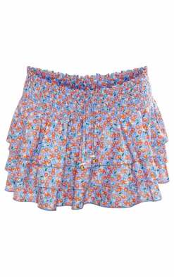 Blue Fruit Printed Shirred Waist Tiered Mini Skirt
