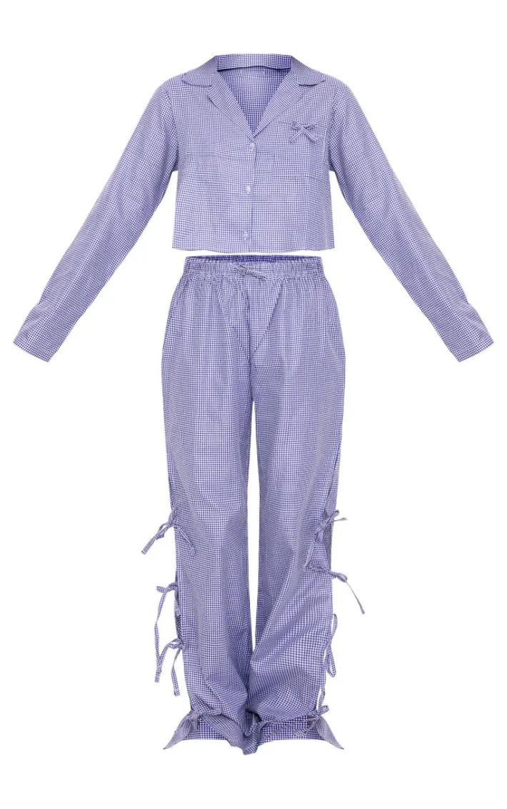 Blue Gingham Bow Detail Long PJ Pants