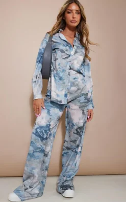 Best PrettyLittleThing Abstract Print Woven Wide Leg Pants Blue Grey
