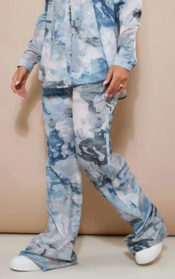 Best PrettyLittleThing Abstract Print Woven Wide Leg Pants Blue Grey