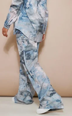 Best PrettyLittleThing Abstract Print Woven Wide Leg Pants Blue Grey