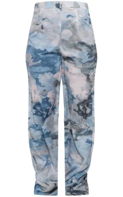 Best PrettyLittleThing Abstract Print Woven Wide Leg Pants Blue Grey