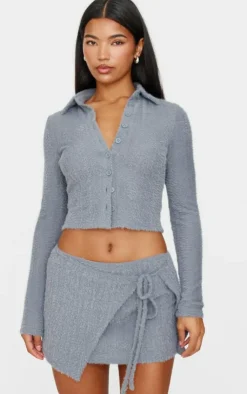 Outlet PrettyLittleThing Brushed Texture Shirt Blue Grey