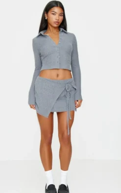 Clearance PrettyLittleThing Brushed Texture Pleated Tie Side Mini Skirt Blue Grey