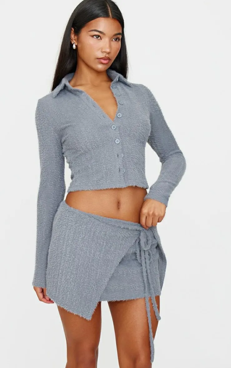 Clearance PrettyLittleThing Brushed Texture Pleated Tie Side Mini Skirt Blue Grey