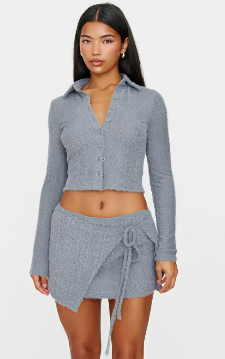 Clearance PrettyLittleThing Brushed Texture Pleated Tie Side Mini Skirt Blue Grey