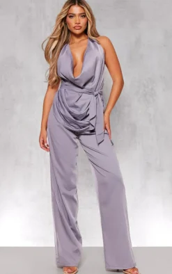 Clearance PrettyLittleThing Draped Tie Detail Halterneck Long Top Blue Grey