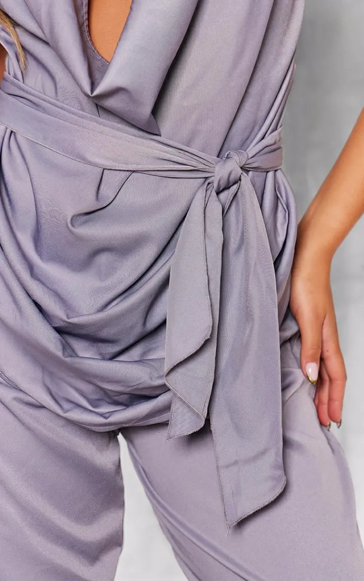 Clearance PrettyLittleThing Draped Tie Detail Halterneck Long Top Blue Grey