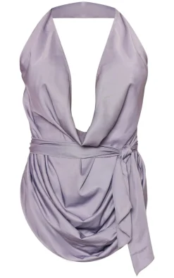 Clearance PrettyLittleThing Draped Tie Detail Halterneck Long Top Blue Grey