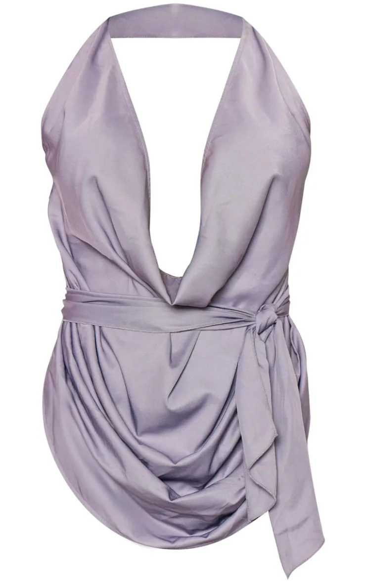 Clearance PrettyLittleThing Draped Tie Detail Halterneck Long Top Blue Grey