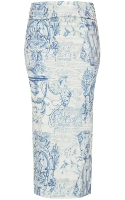 Online PrettyLittleThing Grey Renaissance Print Woven Low Rise Midaxi Skirt Blue