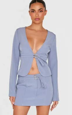 Online PrettyLittleThing Tailored Woven Buckle Detail Long Sleeve Top Blue Grey