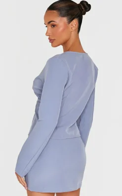 Online PrettyLittleThing Tailored Woven Buckle Detail Long Sleeve Top Blue Grey