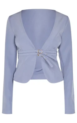 Online PrettyLittleThing Tailored Woven Buckle Detail Long Sleeve Top Blue Grey