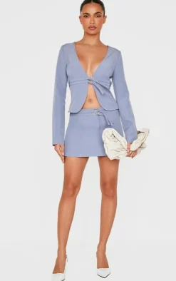 Hot PrettyLittleThing Tailored Woven Buckle Detail Low Rise Mini Skirt Blue Grey