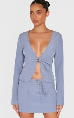 Hot PrettyLittleThing Tailored Woven Buckle Detail Low Rise Mini Skirt Blue Grey