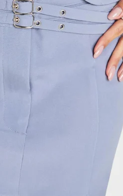 Hot PrettyLittleThing Tailored Woven Buckle Detail Low Rise Mini Skirt Blue Grey