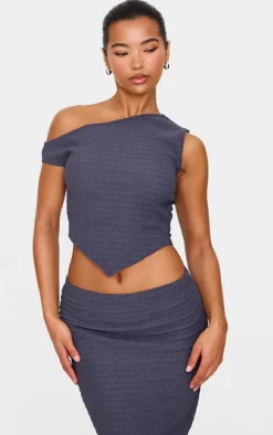 Hot PrettyLittleThing Textured Asymmetric Off The Shoulder Top Blue Grey