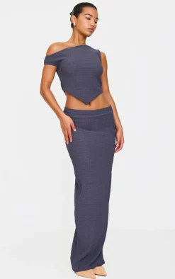 Hot PrettyLittleThing Textured Asymmetric Off The Shoulder Top Blue Grey