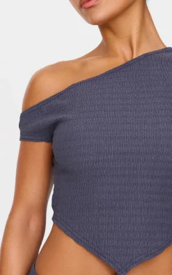 Hot PrettyLittleThing Textured Asymmetric Off The Shoulder Top Blue Grey