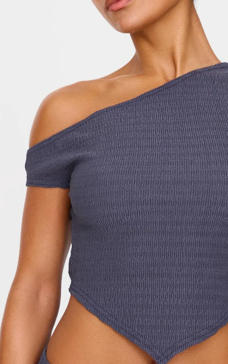 Hot PrettyLittleThing Textured Asymmetric Off The Shoulder Top Blue Grey
