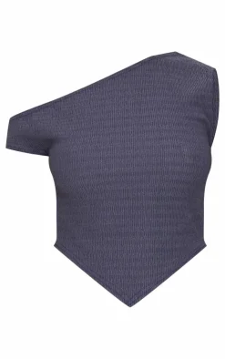 Hot PrettyLittleThing Textured Asymmetric Off The Shoulder Top Blue Grey