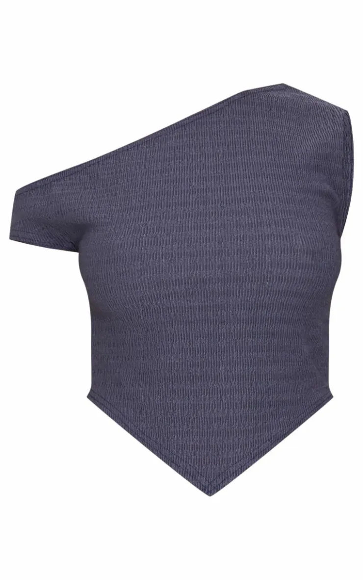 Hot PrettyLittleThing Textured Asymmetric Off The Shoulder Top Blue Grey