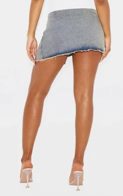 Vintage Wash Frayed Hem Studded Front Split Denim Mini Skirt-PrettyLittleThing Hot