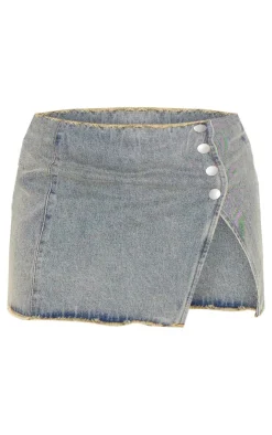 Vintage Wash Frayed Hem Studded Front Split Denim Mini Skirt-PrettyLittleThing Hot
