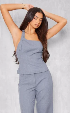 New PrettyLittleThing Woven Tailored Wide Leg Belt Detail Pants Blue Grey